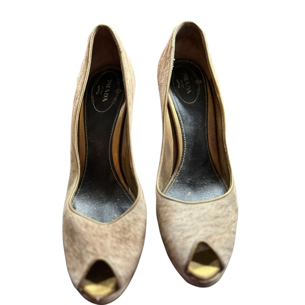 Prada Calf Hair Peep Toe Heels Taupe Gold Trim Platform Stiletto‎ Size 39 - Picture 9 of 16